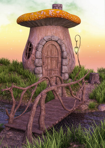 童话蘑菇房子与一座小桥梁