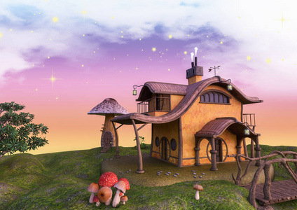 童话般的土地与幻想工厂和蘑菇房子和树木神秘黑暗森林特写中幻想发光