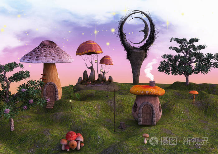 童话般的土地满是蘑菇, 灯笼和月亮雕像