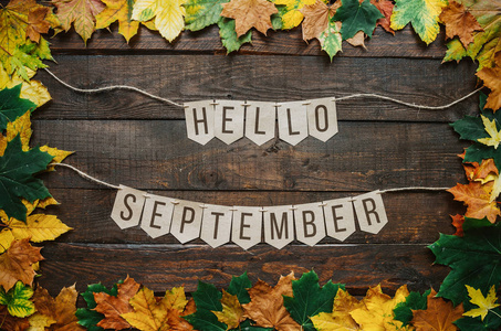 您好9月刻字纸纸板生态花环, 秋叶边框, 深褐色的乡村谷仓木材背景