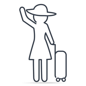 妇女拉行李在假期, 简单的线条图标插图