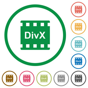 Divx 电影格式在白色背景的圆形轮廓上的平面颜色图标