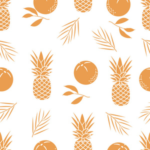 与菠萝, 橙色, 叶子无缝模式。热带水果。暑期背景