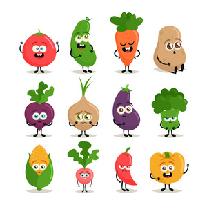 有趣的卡通人物。可爱的蔬菜。向量集