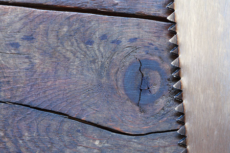 木质背景钢锯特写