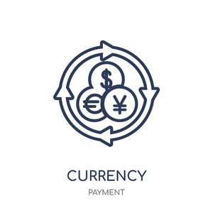 货币图标。货币线性符号设计从付款集合。简单的大纲元素向量例证在白色背景