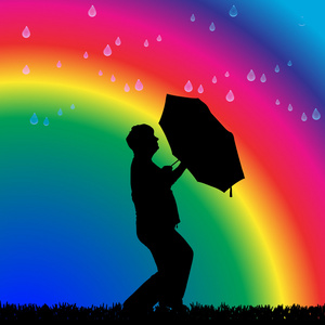 在雨中在彩虹上的女人