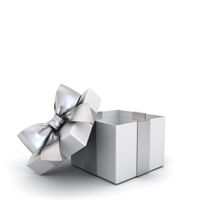 打开礼品盒或空白礼物盒与银色丝带和弓查出在白色背景与阴影3d 渲染