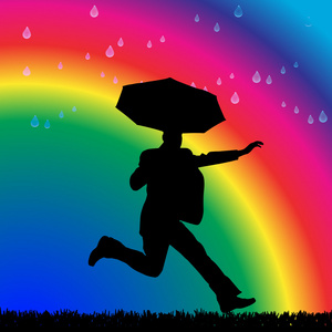 雨舞蹈在雨中在彩虹上的男人照片