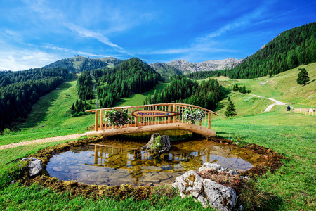 小木桥与池塘在一个美丽的山白云岩背景帕苏丰杜 Lusia白云岩中丘意大利