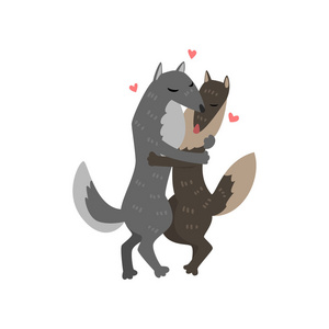 一对狼可爱地拥抱在一起, 两个快乐的 aniimals 拥抱在他们的头部矢量