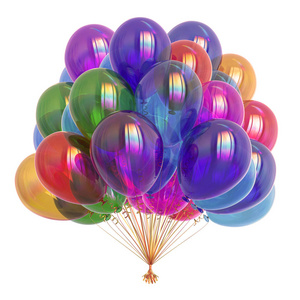 五颜六色的党气球 varicoloured, 生日装饰多彩多姿。氦气球束光泽不同的颜色。假日, 周年纪念庆祝标志。3d 插图