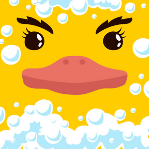 黄色沐浴鸭的滑稽面孔在泡沫。矢量插图