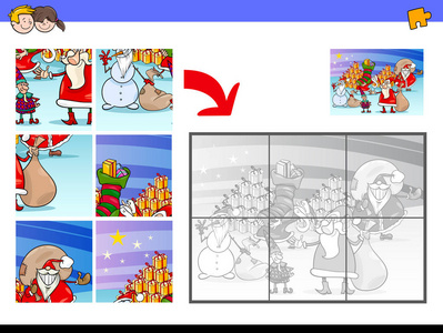 卡通插图教育拼图游戏的孩子与圣诞节字符