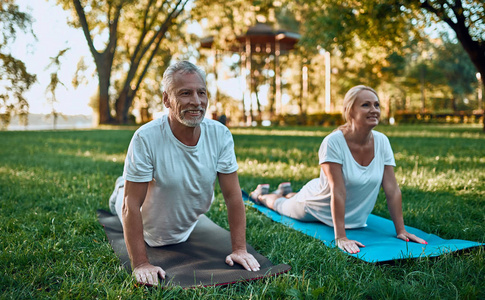 高级夫妇正在户外运动。在日出时在公园伸展。一起做瑜伽。健康的生活方式概念