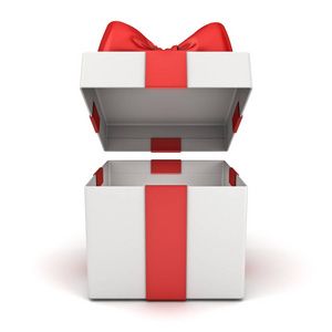 打开礼品盒或空白礼物盒与红色丝带弓隔离在白色背景与阴影3d 渲染
