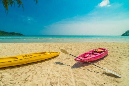 美丽的自然热带海滩和海与独木舟小船和椰子棕榈树在天堂海岛为旅行假期
