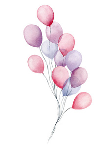 水彩空气气球包装。手绘方粉红色, 蓝色, 紫色气球被隔离在白色背景。打印设计或背景的问候装饰