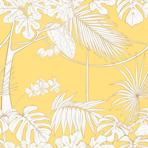 热带植物和白色兰花花。无缝的模式, 背景。轮廓图矢量图。软黄色背景