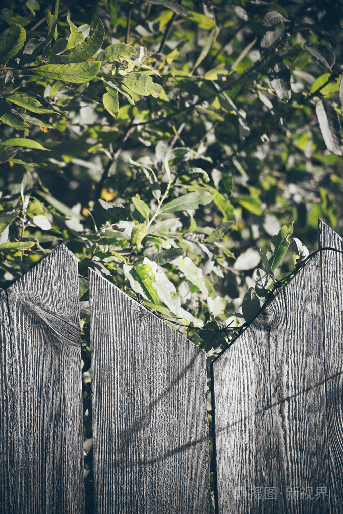 旧的木栅栏上有刺线复古粒状薄膜外观