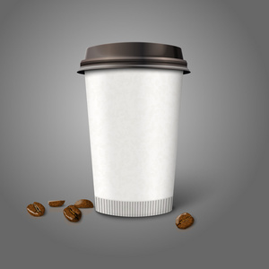 空白的现实矢量咖啡纸杯用豆子，灰色的背景上孤立