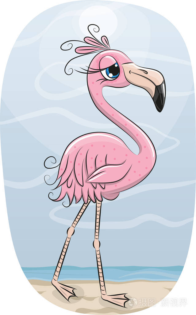 可爱的卡通粉红色的火烈鸟在海滩上