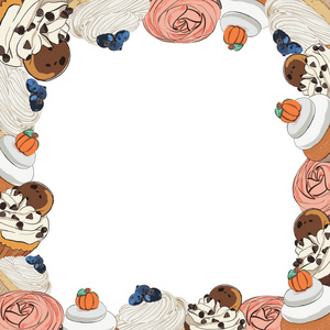 卡通风格的纸杯蛋糕框架。适用于印刷菜单咖啡厅餐厅装饰。向量例证