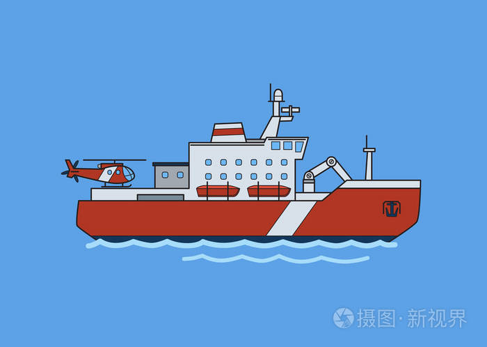 破冰船船平面矢量图在蓝色背景上被隔离