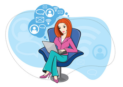 坐在椅子上在笔记本上工作的年轻商界女强人插画