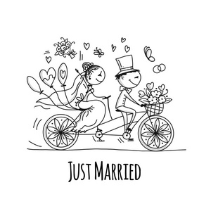 婚纱卡设计。新娘和新郎骑自行车