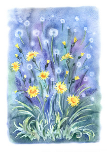 蒲公英和森林里的花朵在草丛中, 手绘水彩