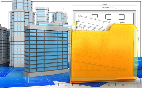 一般建筑蓝图背景下的城市场景三维图