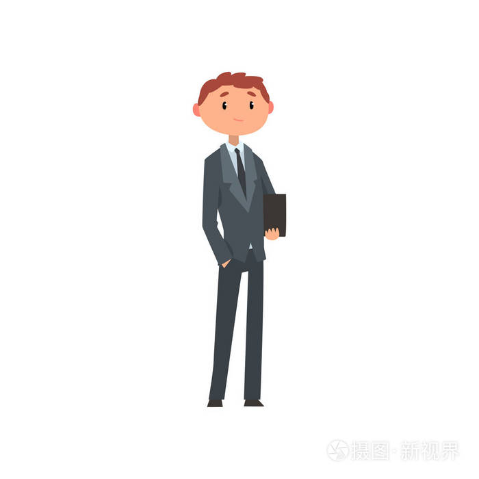 年轻男子在商业西装与公文包卡通矢量插图在白色背景上插画-正版商用