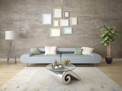 模拟一个现代化的客厅与紧凑舒适的沙发和时尚的时髦背景