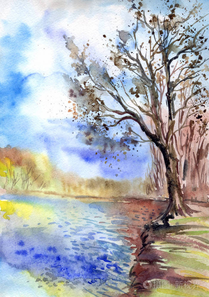 春天风景与池塘和树, 水彩绘画