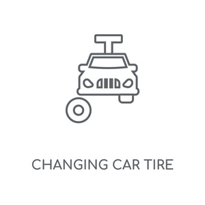 改变汽车轮胎线性图标。改变汽车轮胎概念行程符号设计。薄的图形元素向量例证, 在白色背景上的轮廓样式, eps 10