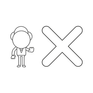 使用 x 标记和显示停止手势的商人角色的向量例证概念。黑色轮廓