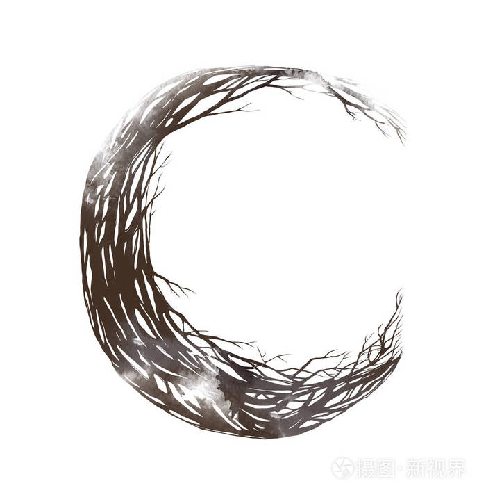 从树枝上绘出艺术森林卡通字母的水彩字母 c