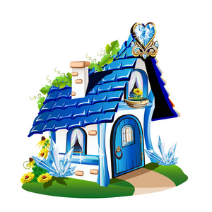 漫画金木研童话般的房子, 蓝色的水晶.矢量插图照片