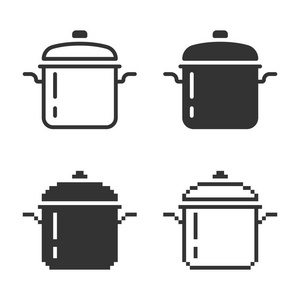 单色炖锅图标在不同的变种 线, 实体, 像素等