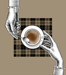 女人的手拿着咖啡杯和勺子放在方形格子餐巾上。老式雕刻的程式化绘图。矢量插图