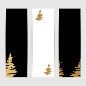 欢快的圣诞横幅设置与冷杉树在平坦的风格。矢量插图