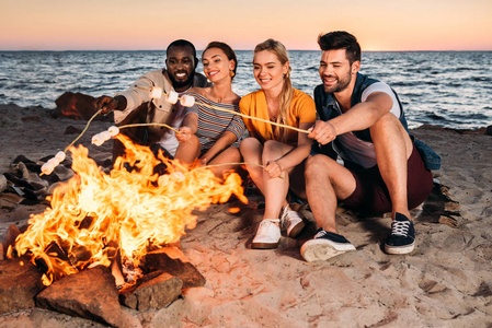 快乐的年轻的族裔朋友们在日落时在沙滩上烤棉花糖