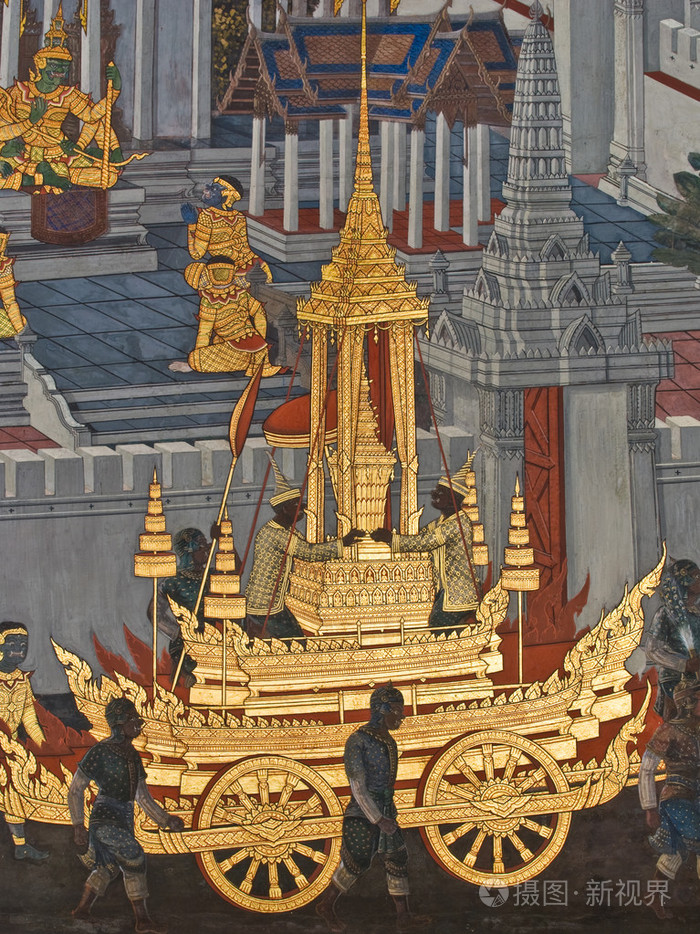 在曼谷,泰国的寺庙墙上的传统泰式风格绘画艺术的杰作