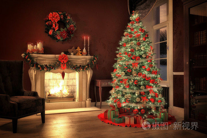 圣诞节场景用礼物和背景中的火.3d 渲染