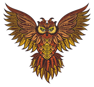 白色背景图案的猫头鹰.非洲印度图腾纹身设计.