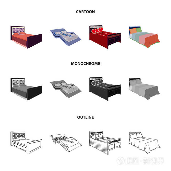 不同的床卡通, 轮廓, 单色图标在集合中进行设计。睡眠矢量等距符号股票 web 插图的家具