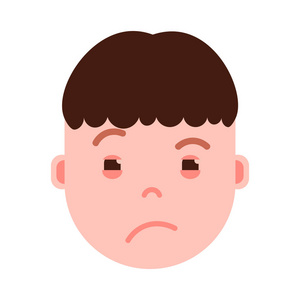 男孩头 emoji 表情与面部情感, 化身字符, 人哀伤面孔以不同的情感概念。平面设计