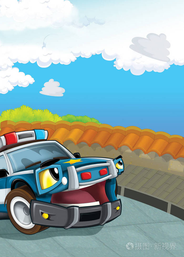 动画片场面与愉快的警车在街道巡逻-义务-例证为孩子