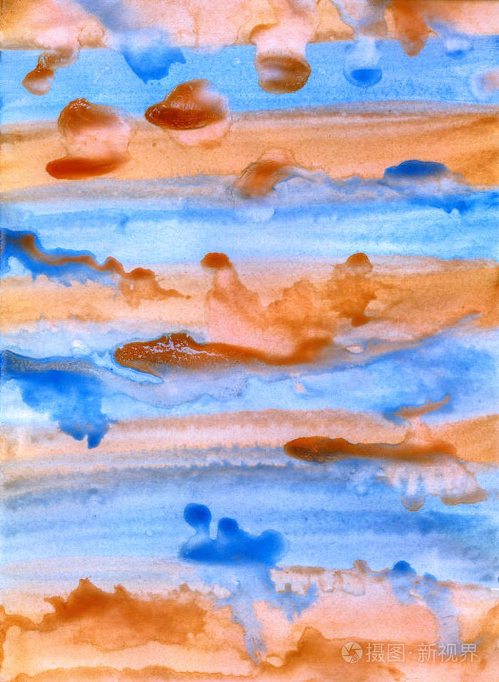 抽象明亮手绘水彩蓝色和棕色背景.湿漆的水彩画质地